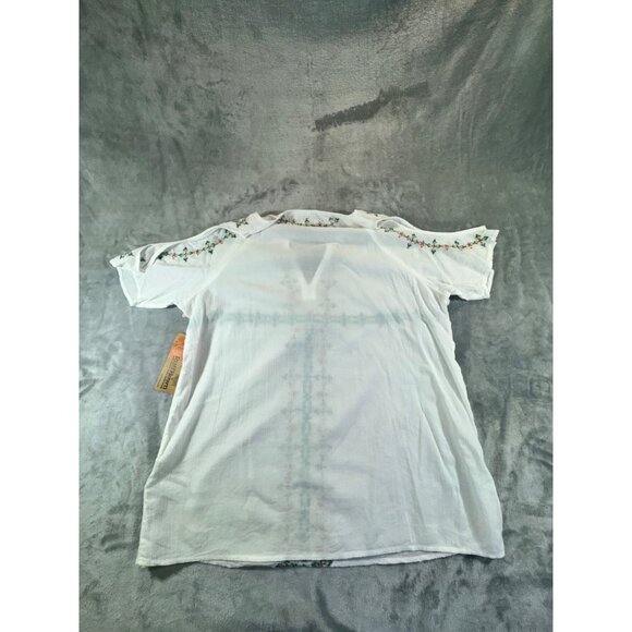 Ruff Hewn Womens Blouse Large Boho Embroidered Cold Shoulder Short Sleeve Tassel - Picture 2 of 16